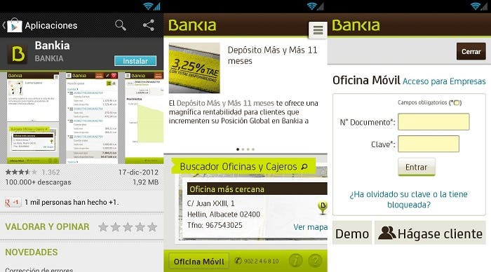Capturas de pantalla de la aplicación de Bankia