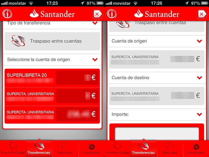 Ventanas de la aplicación del Banco Santander para iOS